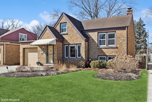 view of front facade with a garage, brick siding, concrete driveway, a front lawn, and a chimney