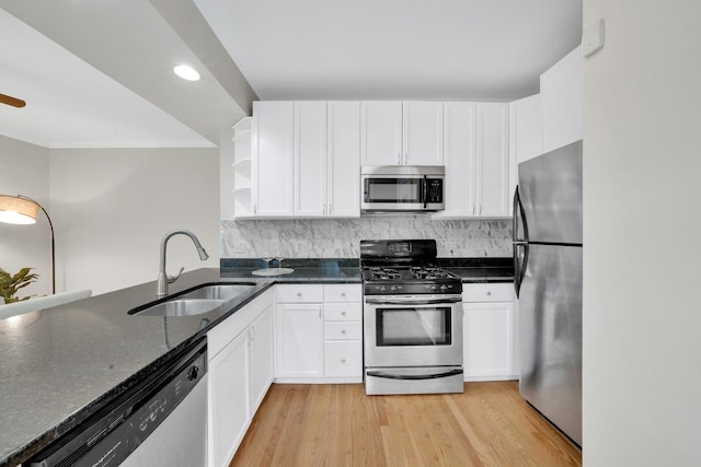 kitchen featuring a sink, stainless steel appliances, open shelves, and white cabinetry