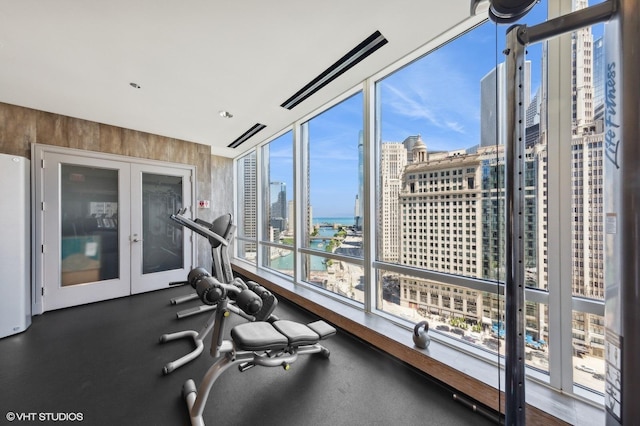 gym with a view of city and french doors