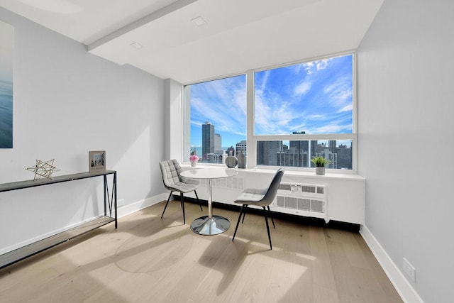 dining area featuring a city view, wood finished floors, and baseboards