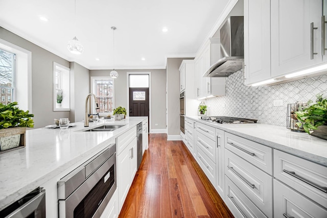 kitchen with wood finished floors, a sink, stainless steel appliances, crown molding, and wall chimney exhaust hood