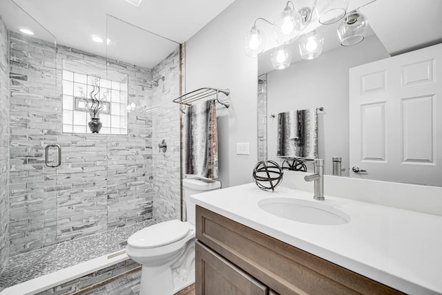 bathroom with vanity, toilet, and a shower stall