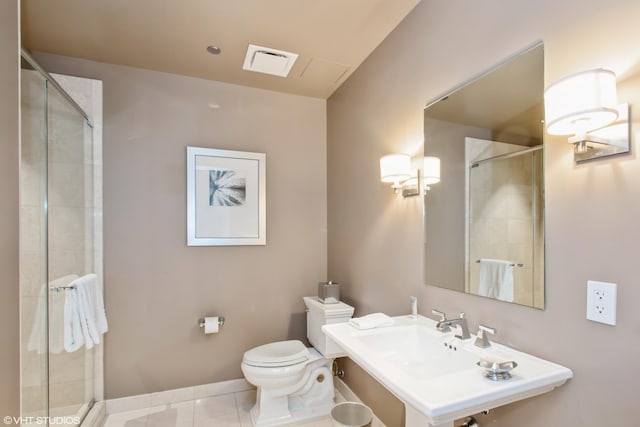 bathroom with visible vents, toilet, a stall shower, a sink, and tile patterned flooring