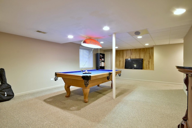 game room featuring recessed lighting, light carpet, billiards, visible vents, and baseboards