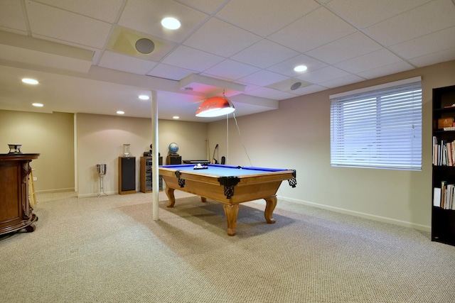 playroom with carpet floors, baseboards, a drop ceiling, and recessed lighting