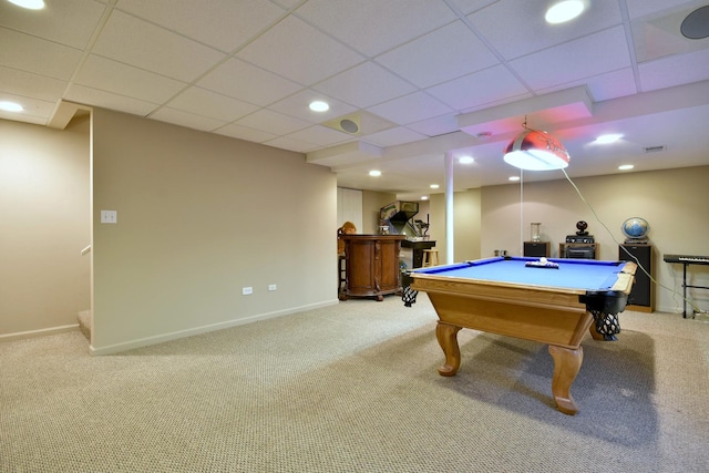 playroom with a drop ceiling, recessed lighting, pool table, baseboards, and carpet