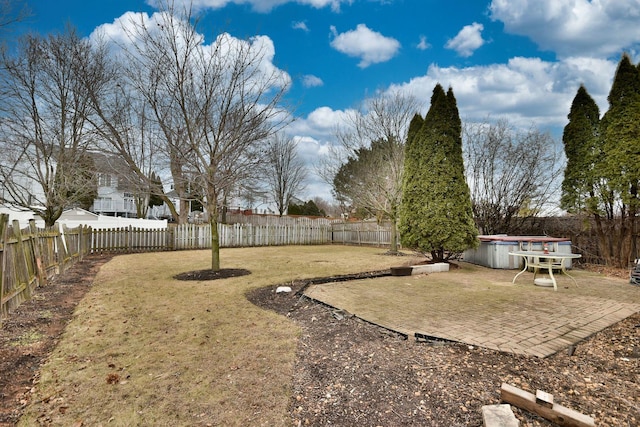 view of yard with a hot tub, a patio area, and a fenced backyard