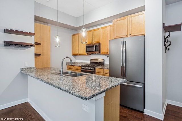 kitchen featuring a peninsula, dark wood-style floors, appliances with stainless steel finishes, and a sink