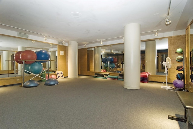 workout area featuring rail lighting, visible vents, and ornate columns