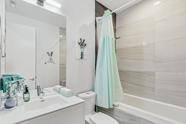 full bath featuring toilet, vanity, shower / bath combination with curtain, and visible vents