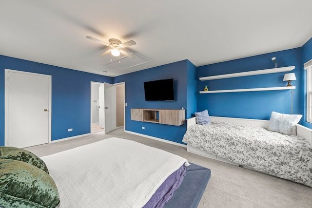 carpeted bedroom featuring ceiling fan and baseboards