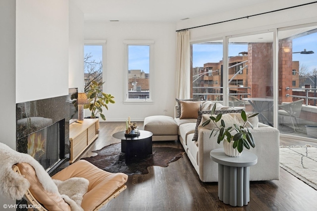 living area with a fireplace, wood finished floors, and baseboards