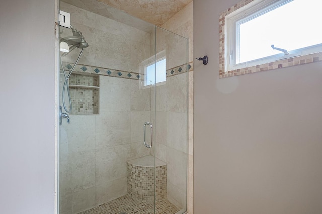 bathroom featuring a healthy amount of sunlight and a shower stall