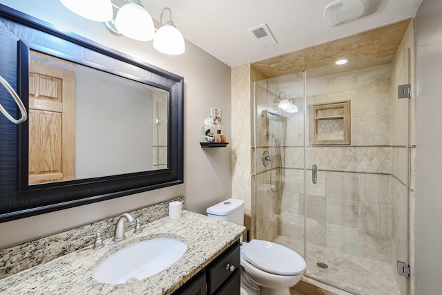 full bathroom with visible vents, vanity, toilet, and a shower stall