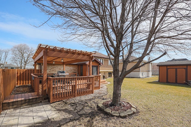 exterior space featuring brick siding, a storage shed, a fenced backyard, an outbuilding, and a pergola