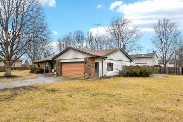 ranch-style home featuring driveway, a garage, fence, a front yard, and brick siding