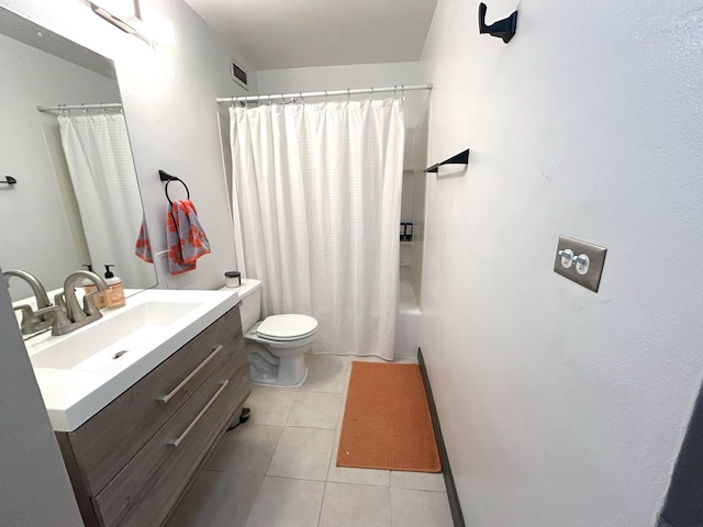 bathroom with toilet, visible vents, vanity, tile patterned floors, and shower / bath combo with shower curtain