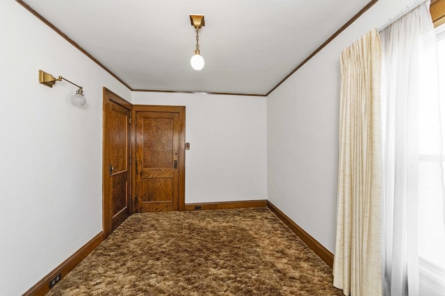 619 Lincoln St, Minonk, IL 61760 - hallway featuring ornamental molding, baseboards, and dark colored carpet