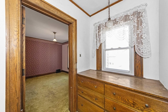619 Lincoln St, Minonk, IL 61760 - corridor with baseboards, carpet floors, crown molding, and wallpapered walls