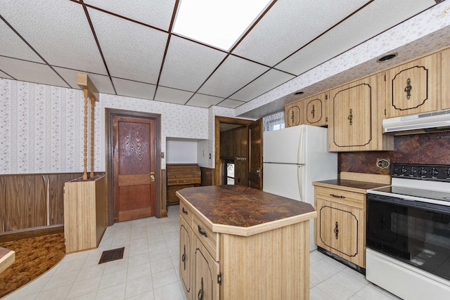 619 Lincoln St, Minonk, IL 61760 - kitchen with visible vents, wallpapered walls, under cabinet range hood, a wainscoted wall, and white appliances