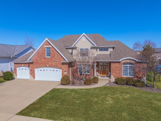 traditional-style home featuring driveway, brick siding, a front lawn, and roof with shingles