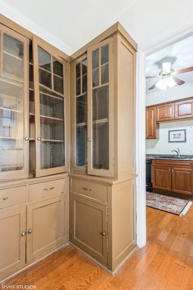 details with black dishwasher, ceiling fan, a sink, and wood finished floors