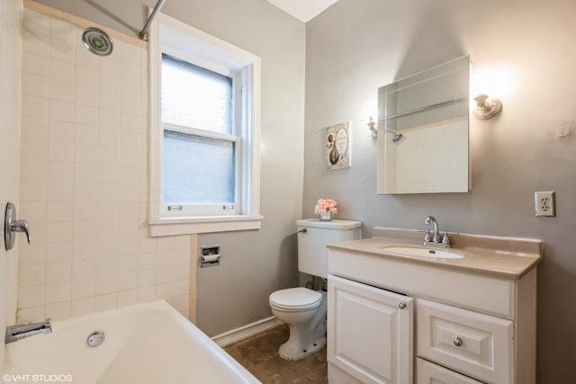 full bath with baseboards, shower / tub combination, vanity, and toilet