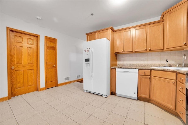 kitchen featuring white appliances, a sink, visible vents, baseboards, and decorative backsplash