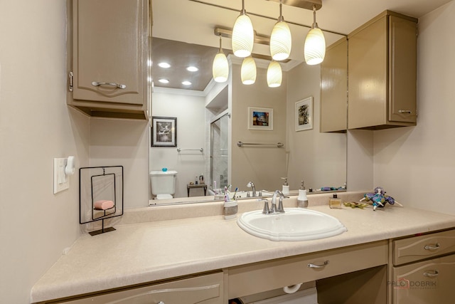 bathroom featuring toilet, a shower stall, and vanity