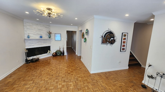 hallway with recessed lighting, crown molding, stairs, and baseboards