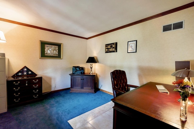 carpeted home office with visible vents, crown molding, and baseboards