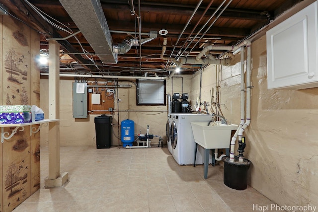 unfinished basement with washer and dryer and electric panel