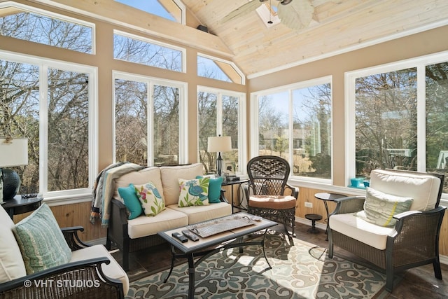 sunroom / solarium with plenty of natural light, wooden ceiling, and vaulted ceiling