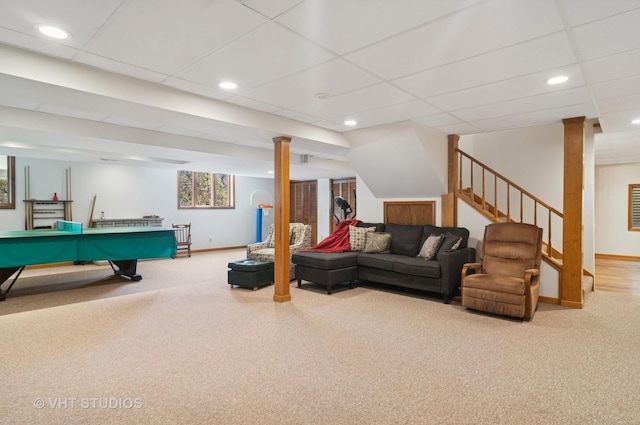 recreation room featuring recessed lighting, baseboards, and carpet flooring