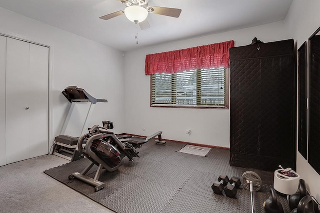 workout room featuring carpet floors and ceiling fan