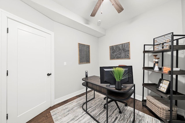 office area with dark wood-style floors, baseboards, and a ceiling fan