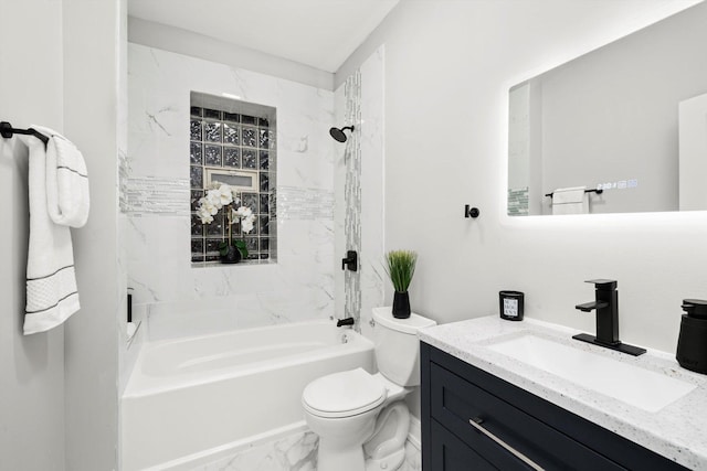 bathroom with marble finish floor, shower / bathing tub combination, vanity, and toilet