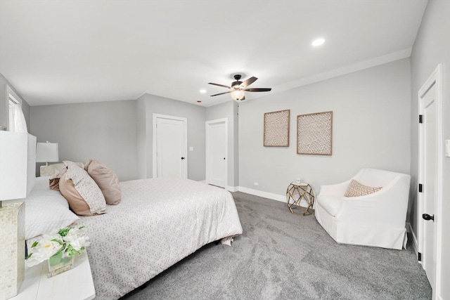 carpeted bedroom with a ceiling fan, recessed lighting, and baseboards