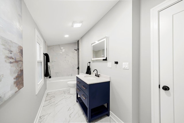 bathroom with shower / bath combination, marble finish floor, baseboards, and vanity