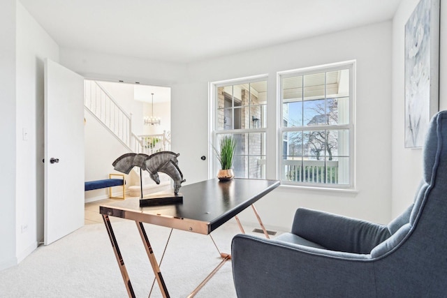 office with baseboards, visible vents, and an inviting chandelier