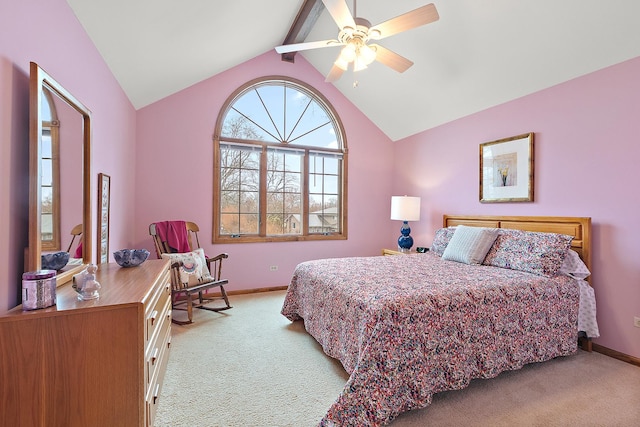 bedroom with light colored carpet, ceiling fan, lofted ceiling with beams, and baseboards