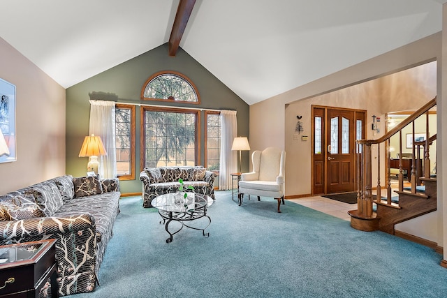 carpeted living room featuring stairs, baseboards, a wealth of natural light, and beamed ceiling