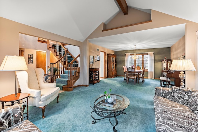 carpeted living room with a chandelier, vaulted ceiling with beams, baseboards, and stairs