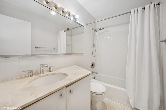 bathroom featuring shower / bathtub combination with curtain, toilet, backsplash, tile walls, and vanity