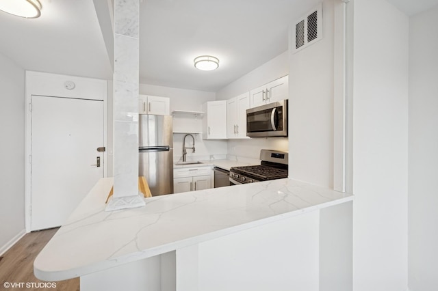 kitchen featuring visible vents, light stone countertops, light wood-style flooring, stainless steel appliances, and a sink