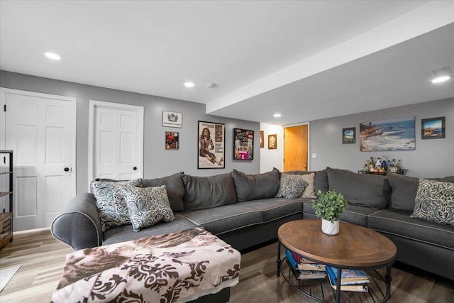 living room with wood finished floors and recessed lighting