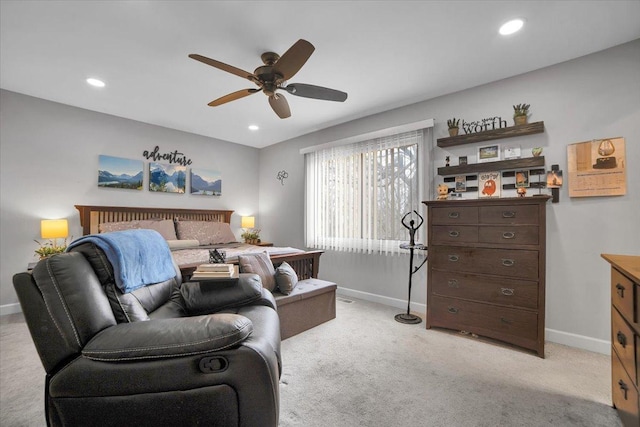 bedroom featuring a ceiling fan, recessed lighting, light carpet, and baseboards