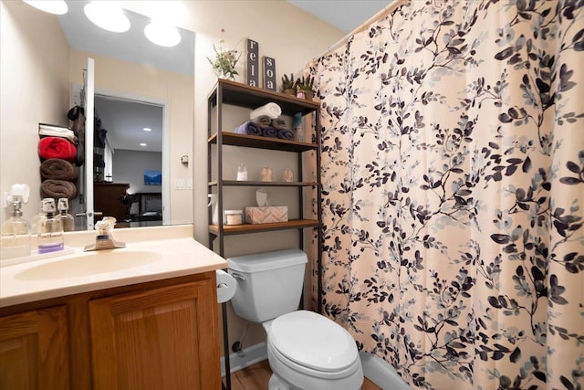 full bathroom featuring toilet, a shower with shower curtain, and vanity