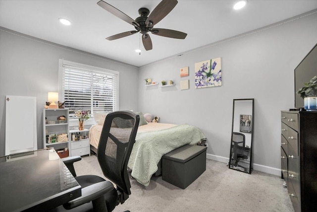 bedroom with recessed lighting, light carpet, ceiling fan, and baseboards