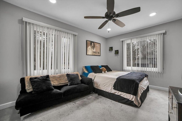 bedroom featuring a ceiling fan, baseboards, carpet flooring, and recessed lighting